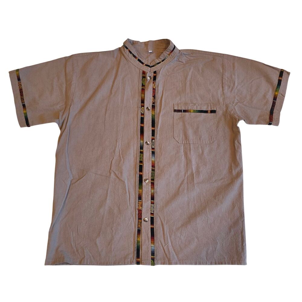 Vintage Ethnic Tribal Woven Trim Mandarin Collar Button Up Shirt Medium